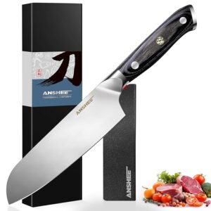 7 Inch Japanese Santoku Knife-Full Tang High Carbon Stainless Steel Professional Chef Knife, Multipurpose Kitchen Blade with Wood Handle&Sheath/Gift Box for Meat, Veggies, Fruits Home & Restaurant