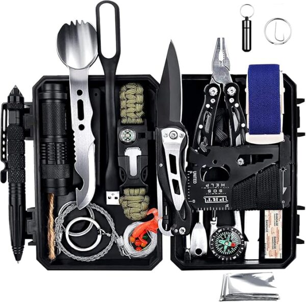 Emergency Survival Gear Kits 60 in 1, Outdoor Survival Tool with Emergency Bracelet Whistle Flashlight Pliers Pen Wire Saw for Camping, Hiking, Climbing,Car - Image 2