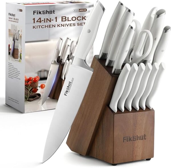 14PCS Kitchen Knife Set with Block Dishwasher Safe, Full Tang German High Carbon Stainless Steel Razor-Sharp Blade Professional Chef's Knife for Housewarming (WHITE) - Image 2