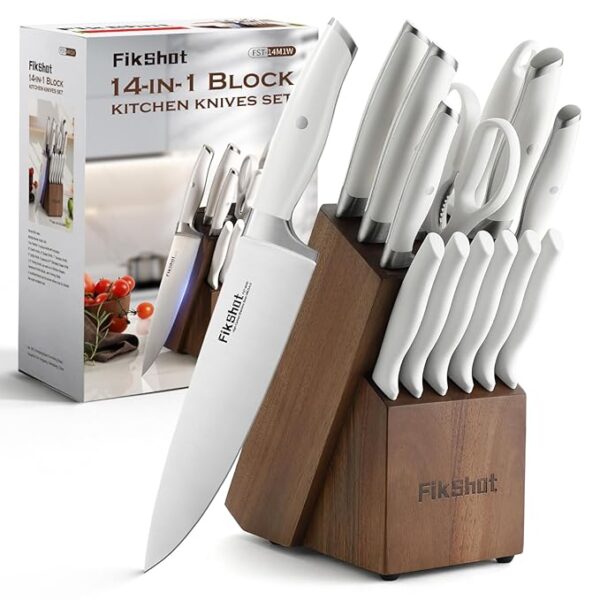 14PCS Kitchen Knife Set with Block Dishwasher Safe, Full Tang German High Carbon Stainless Steel Razor-Sharp Blade Professional Chef's Knife for Housewarming (WHITE)