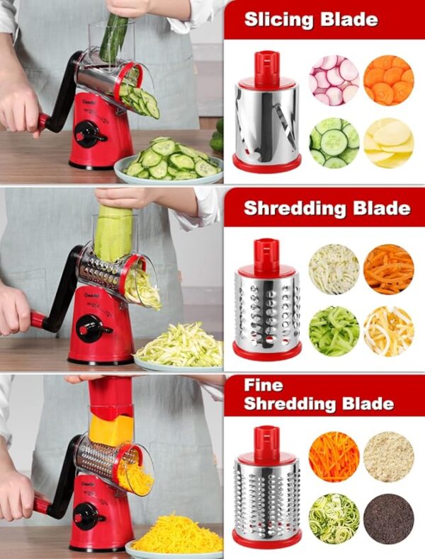 Geedel Rotary Cheese Grater Cheese Shredder - Upgraded 5-in-1 Cheese Grater with Handle and Strong Suction Base, Multi-purpose Vegetable Slicer Ice Shaver Nuts Grinder for Ice, Vegetables, Fruit, Nuts - Image 5