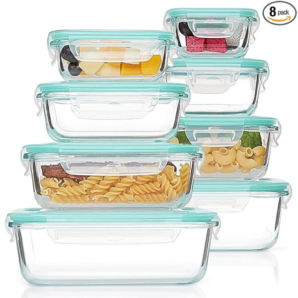 Vtopmart 8 Pack Glass Food Storage Containers with Airtight Lids, Glass Meal Prep Containers, Lunch Office Meal for Microwave, Oven, Freezer and Dishwasher, BPA Free