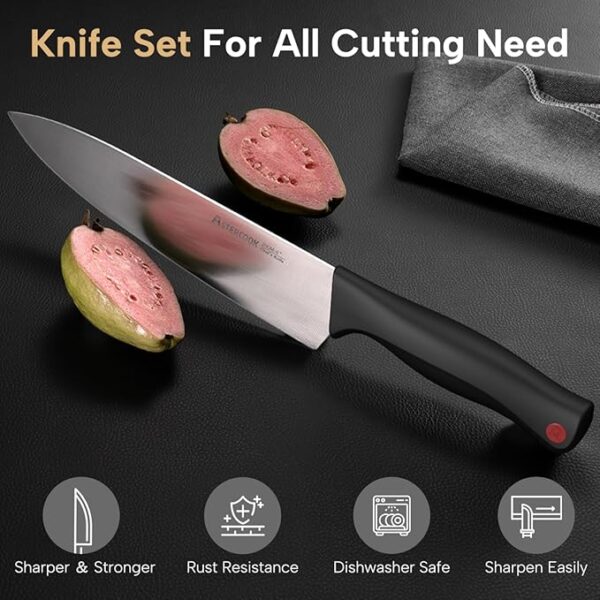 Astercook Knife Set, 15 Pieces Kitchen knives Set with Built-in Sharpener, High Carbon German Stainless Steel Chef Knife Block Sets, Sharp & Rust Resistant Dishwasher Safe, Black - Image 3