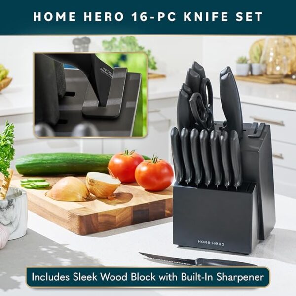 Home Hero Kitchen Knife Set with Sharpener - High Carbon Stainless Steel Knife Block Set with Ergonomic Handles (16 Pcs - Black) - Image 4