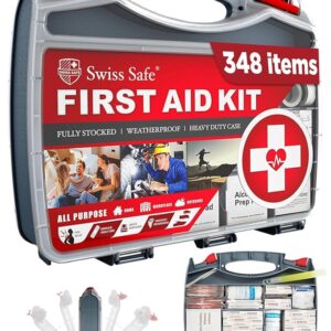 Swiss Safe 2-in-1 First Aid Kit for Car, Travel & Home, Businesses - Bonus Mini Kit for Medical Emergency Aid, Survival, Camping - FSA & HSA Eligible - 348 Pcs, Large Hardcase FAK