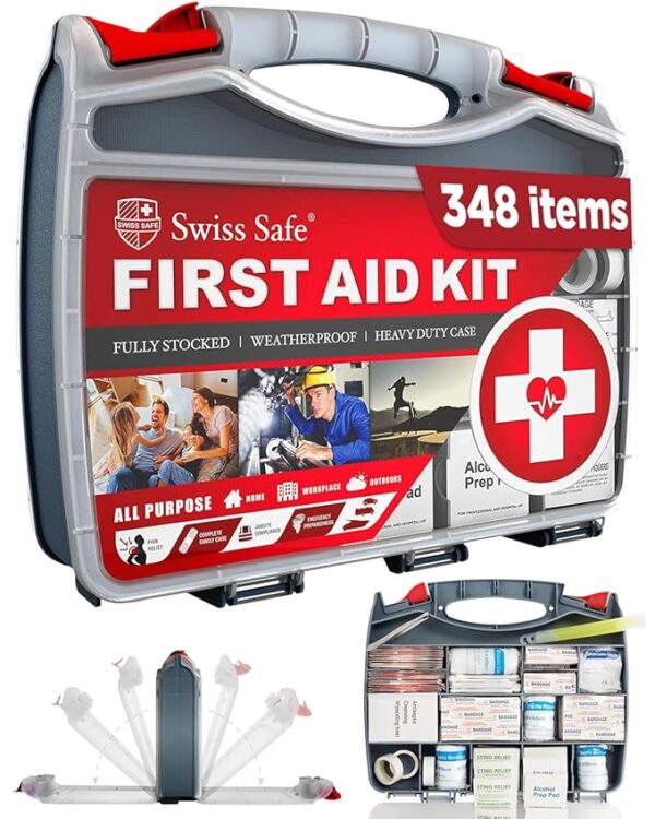 Swiss Safe 2-in-1 First Aid Kit for Car, Travel & Home, Businesses - Bonus Mini Kit for Medical Emergency Aid, Survival, Camping - FSA & HSA Eligible - 348 Pcs, Large Hardcase FAK