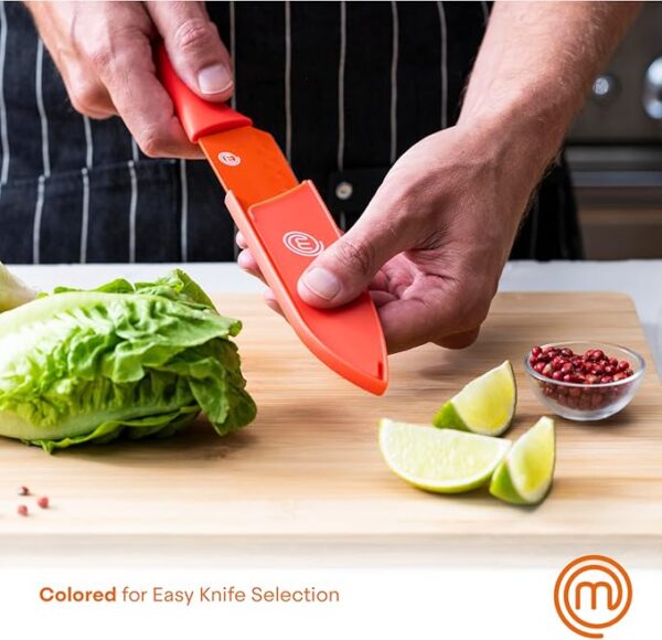 MasterChef Kitchen Knife Set with Covers incl. Paring, Boning, Carving, Bread, Santoku & Chef Knife, Sharp Cutting Stainless Steel Blades with Sheaths, 12 Piece (6 Colored Kitchen Knives & 6 Covers) - Image 6