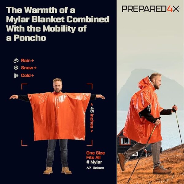 PREPARED4X Emergency Poncho and Mylar Blanket Liner - Waterproof, Wind-Resistant Outdoor Rain Poncho for Camping, Emergencies - Image 3