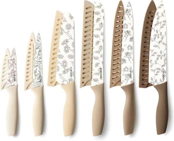 CAROTE 12PCS Knife Set, Kitchen Knife Set with 6 Blade Guards, Stainless Steel Knives Set With Nonstick Ceramic Coating, Rustproof, Delicate Floral Designs, White - Image 2