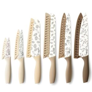 CAROTE 12PCS Knife Set, Kitchen Knife Set with 6 Blade Guards, Stainless Steel Knives Set With Nonstick Ceramic Coating, Rustproof, Delicate Floral Designs, White
