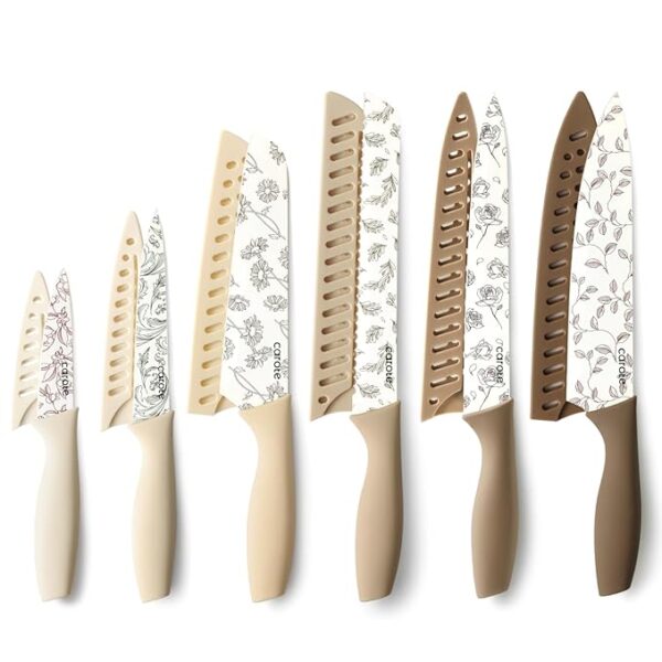 CAROTE 12PCS Knife Set, Kitchen Knife Set with 6 Blade Guards, Stainless Steel Knives Set With Nonstick Ceramic Coating, Rustproof, Delicate Floral Designs, White