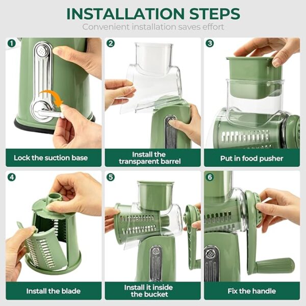 SUSTEAS Rotary Cheese Grater with Handle - Vegetable Shredder with 5 Well-designed Blades & Strong Suction Base,Round Mandoline Slicer & Food Chopper for Kitchen,with Blade Storage Box(Retro Green) - Image 6