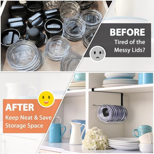 Tumbler Lid Organizer, Horizontal Tumbler Lid Storage Hook Up to 10 Lids, Space Saving Cup Lid Holders Under Cabinet Tumbler Lid Hook for Kitchen Organizer and Storage, Paper Towel Rack Hanger (White) - Image 6