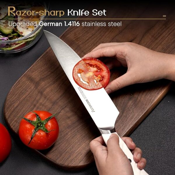 Astercook Knife Set Kitchen with Block and Dual Sharpener Full Tang 15 Pcs German Stainless Steel Knives Dishwasher Safe Kitchen Utensils Set with Anti-slip Ergonomic Handle, Elegant White - Image 3