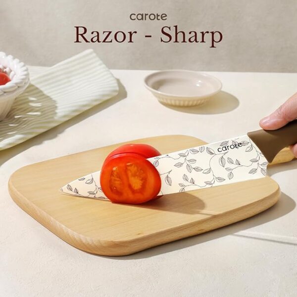 CAROTE 12PCS Knife Set, Kitchen Knife Set with 6 Blade Guards, Stainless Steel Knives Set With Nonstick Ceramic Coating, Rustproof, Delicate Floral Designs, White - Image 5