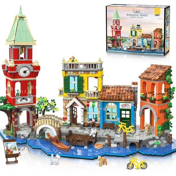 Venice Main Street Building Set for Adults, 2155 PCS City Riverside House Building Block Kit with Light Flower Shop Pizzeria, Home Decor Architecture Brick Model Women Men Teen Girl 12+