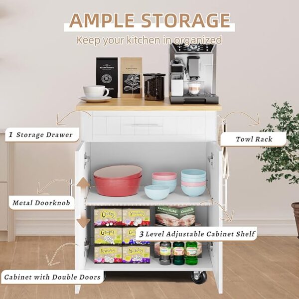 Shintenchi Kitchen Island Cart with Storage,Rolling Side Table on Wheels with Large Worktop, Cabinet,Towel Rack and Drawers for Kitchen,Dinning Room, White - Image 3