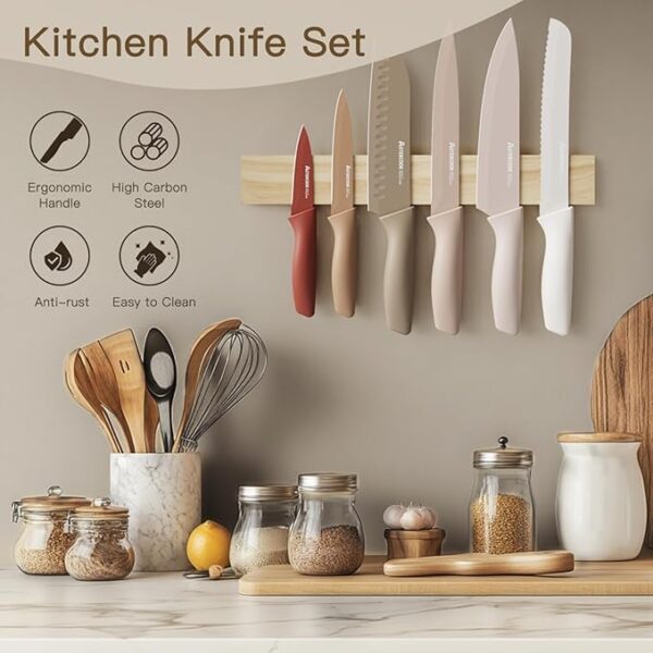 Astercook Knife Set, 13 Pieces Kitchen Knives Set with Healthy Anti-Rust Coating, Dishwasher Safe, Stainless Steel Chef Knife Sets with 6 Blade Guards, Perfect Holiday Gifts for Kitchen - Image 4
