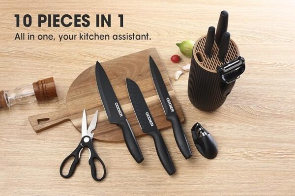 Knife Set, 10 Piece Kitchen Knife Set with Block and Sharpener, Anti-Rust Stainless Steel Knives Set for Kitchen, Chef Universal Knife Block Set, Dishwasher Safe, Ergonomical Design, Black - Image 5