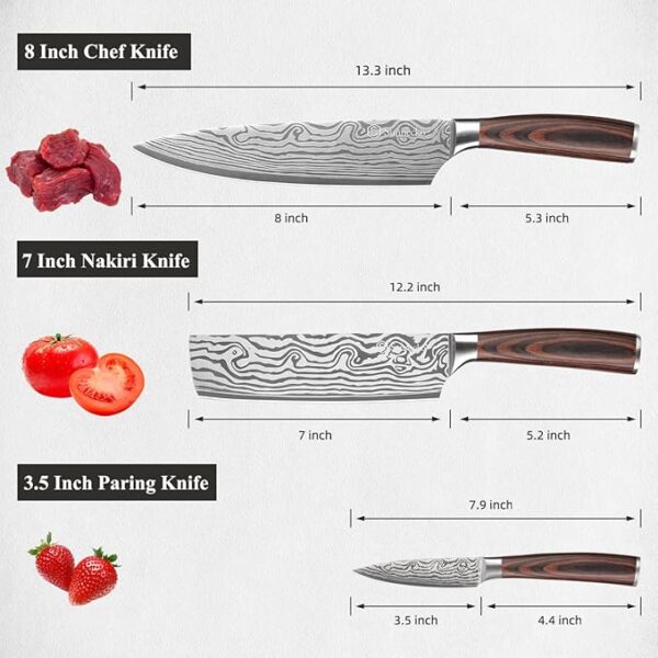 Sunnecko Kitchen Knife Set 3 Piece Chef Knife Set Professional High Carbon Stainless Steel, Sharp Kitchen Knives with Wooden Handle - Image 6