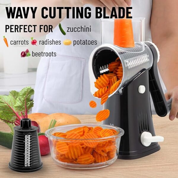 Zulay Kitchen Rotary Cheese Grater 5 Blade Cheese Shredder - Manual Hand Crank Cheese Grater With Reinforced Suction & 5 Interchangeable Drums - Easy to Use, Vegetable Chopper Round Mandoline Slicer - Image 5