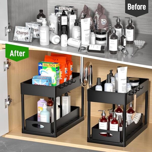 PUILUO Under Sliding Cabinet Basket Organizer, 2 Tier Under Sink Organizers Black Under Sink Storage for Bathroom Kitchen - Image 3