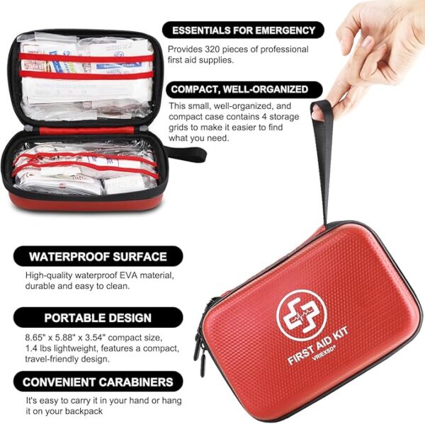 Premium First Aid Kit, 320 Piece Waterproof Hard Shell Eva First Aid Kit for Home, Camping, Cars, Hiking, Travel, Businesses & Outdoor Emergencies - Emergency Medical Kits (Red) - Image 5