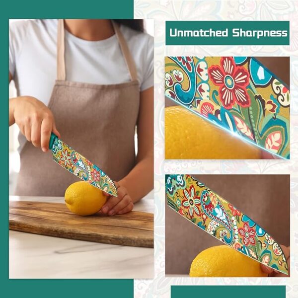 Astercook Paisley Pattern Knife Set with Cover, Dishwasher Safe Colorful Knives with 6 Knife Sheath, German Stainless Steel Rainbow Knife Set - Image 5