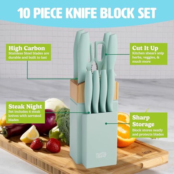 Kitchen Knife Set with Block, Cutlery Set includes Chef, Bread, Utility, Paring, Steak Knives & Shears, 10-Piece, Aqua - Image 3