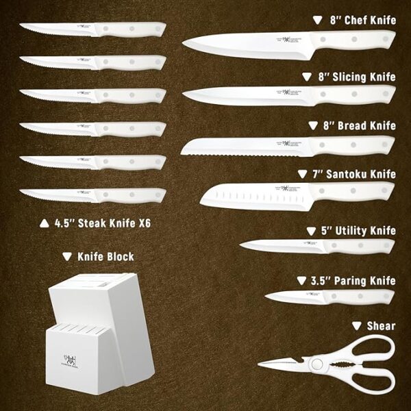 Knife Set, HUNTER.DUAL 15 Piece Kitchen Knife Set with Block and Built-in sharpener, Dishwasher Safe, Anti-slip Handle, White - Image 3