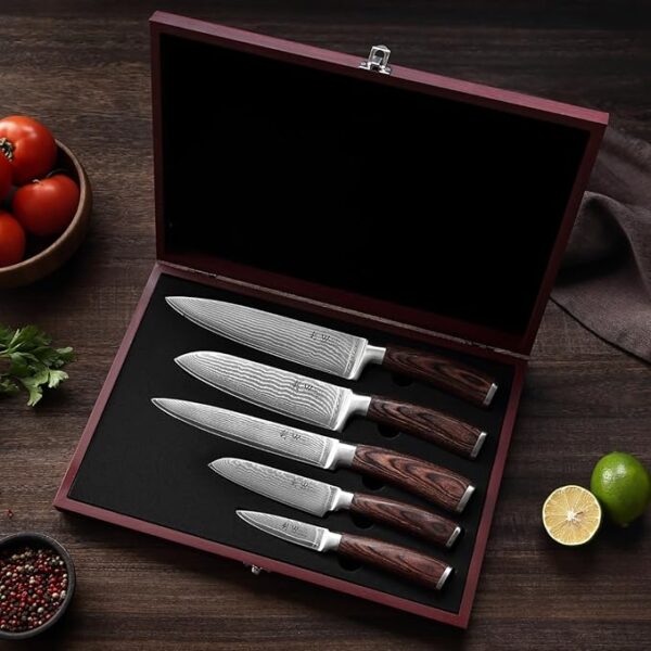 Wakoli Damascus Kitchen Knife Set, 5 Piece Professional Chef Knife Set made from 67 Layers of Damascus Steel with VG10 Core, Knives Set for Kitchen with Pakkawood Handles in Wooden Gift Box (EDIB) - Image 3