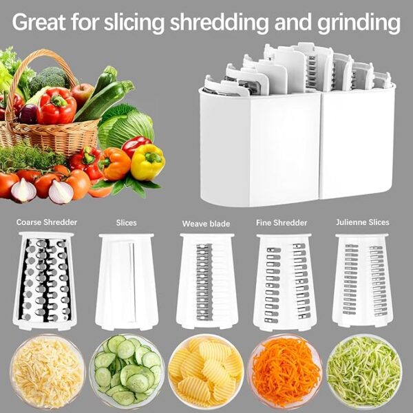 VEKAYA Rotary Cheese Grater, 5 in 1 Cheese Grater with Handle, Replaceable Stainless Blades Cheese Shredder, Cheese Vegetable Slicer, Easy to Clean Kitchen Gadgets with Storage Box - Image 3
