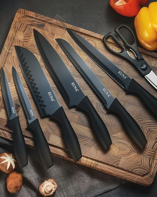 EUNA Kitchen Knife Set, 19 PCS Black Knife Set with Acrylic Block and Sharpener, German High-Carbon Stainless Steel Knife Sets with 6 Serrated Steak Knives, Bread Knife, Chef Knife, Dishwasher Safe - Image 3