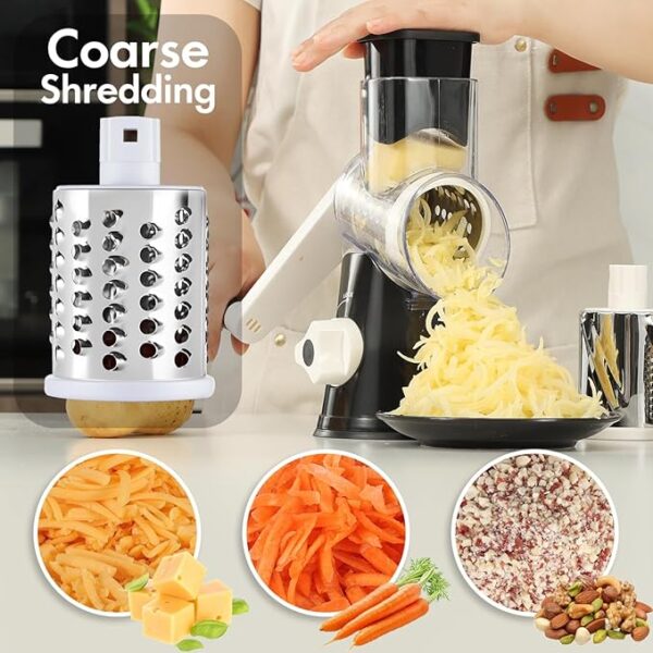 Cheese Grater Hand Crank, Rotary Vegetable Shredder with Handle and Strong Suction base, 3 in 1 Kitchen Speed Spin Veggie Slicer Nut Grinder for Pizza Top, Hash brown, Salad and More (Black) - Image 3