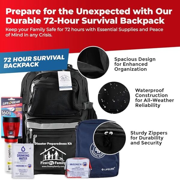 First My Family 4-Person Emergency Survival Kit with LifeStraw Water Filter - Disaster Preparedness Backpack with Hurricane and Earthquake Supplies, 72 Hour Survival Gear - Image 3