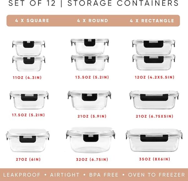 JoyJolt JoyFul 24pc(12 Airtight, Freezer Safe Food Storage Containers and 12 Lids), Pantry Kitchen Storage Containers, Glass Meal Prep Container for Lunch, Glass Storage Containers with Lids - Image 3