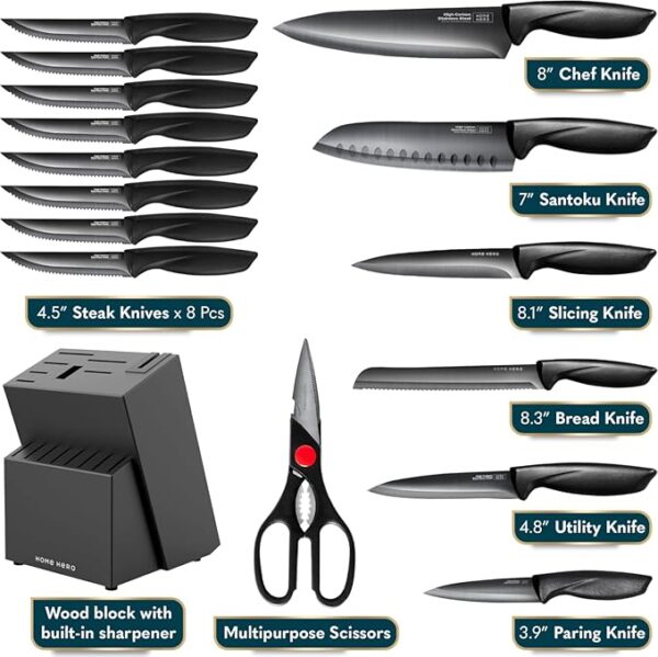 Home Hero Kitchen Knife Set with Sharpener - High Carbon Stainless Steel Knife Block Set with Ergonomic Handles (16 Pcs - Black) - Image 3