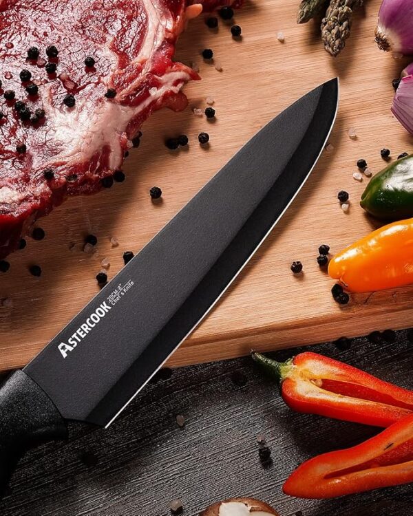 Astercook Knife Set, Kitchen Knife Set with Built-in Sharpener Block, Dishwasher Safe, 15 Pieces German Stainless Steel Knife Block Set, Black - Image 6