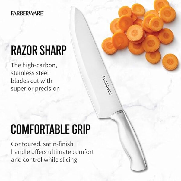 Farberware 15-Piece High-Carbon Stamped Stainless Steel Kitchen Knife Set with Wood Block, Steak Knives, Razor-Sharp, Black, Ultra-Sharp Blades, Ergonomic Comfort Grip - Image 4