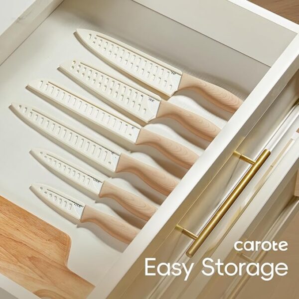 CAROTE 12PCS Knife set with Blade Guards,Granite Nonstick Ceramic Coating,Stainless Steel blade, Wooden Handle, Essential knife set,White - Image 6