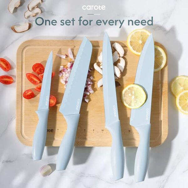 CAROTE 15Piece Knife Set, Kitchen Knife Block Set, Elegant Ceramic-Coated Blades with Stylish Wooden Block for Modern Culinary Excellence, Blue - Image 4