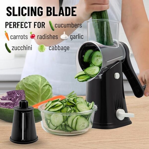Zulay Kitchen Rotary Cheese Grater 5 Blade Cheese Shredder - Manual Hand Crank Cheese Grater With Reinforced Suction & 5 Interchangeable Drums - Easy to Use, Vegetable Chopper Round Mandoline Slicer - Image 6