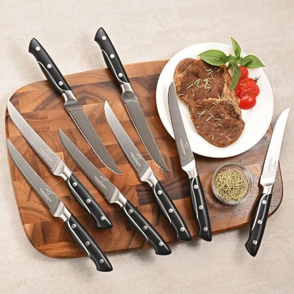 18 Pieces Damascus Kitchen Knife Set, 8 Piece Steak Knives, Non-slip ABS Ergonomic Triple Rivet Handle for Meat Fork, Knife Sharpener and Shears, 17 Slots Wooden Knife Block - Image 5