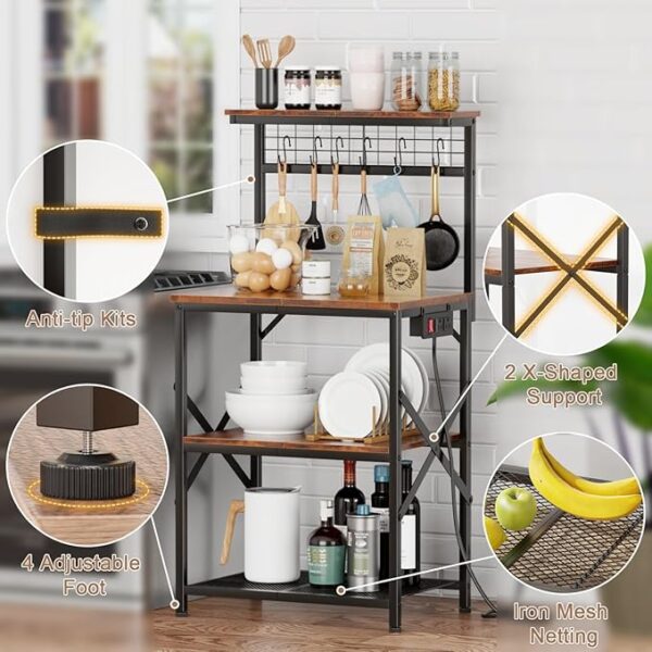 Furologee Kitchen Bakers Rack with Power Outlet, Microwave Oven Stand with Storage 4 Tiers, Coffee Bar Table with 6 S Hooks, Kitchen Storage Shelf Rack for Spices, Pots, Rustic Brown - Image 6