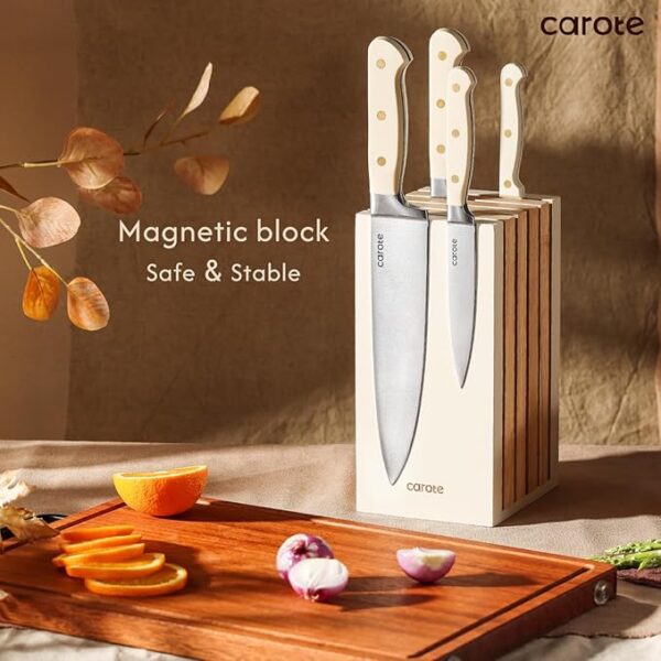 CAROTE 11 Pieces Knife Set with Block for kitchen, Stainless Steel Razor-Sharp Blade, Triple Riveted Ergonomic Handle, Wooden Magnetic Block, Essential Knife Block Set, Beige - Image 3