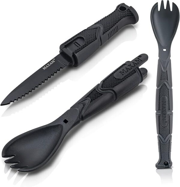 Maxam 3 in 1 Tactical Spork, Black Polymer Handle with Stainless Steel Blade Multi Tool Camp, Spoon Fork Knife Combo - Image 2