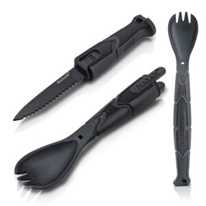 Maxam 3 in 1 Tactical Spork, Black Polymer Handle with Stainless Steel Blade Multi Tool Camp, Spoon Fork Knife Combo