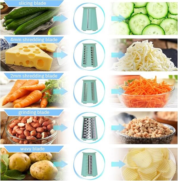 Manual Rotary Cheese Grater with Handle, 5 in 1 Replaceable Stainless Blades Cheese Shredder,Strong Suction Base Vegetable Slicer with Cleaning Brush & Bonus Storage Box for Blades (green) - Image 6