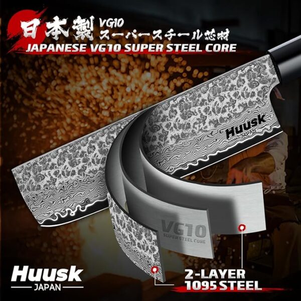 Huusk Japanese Kitchen Knife Set - 3pcs Hand Forged VG10 Damascus Meat Cleaver Boning Knife for Meat Cutting, Nakiri Vegetable Knives, Gyuto Chef Knives Set for Cooking, Father's Day Gifts for Men - Image 4