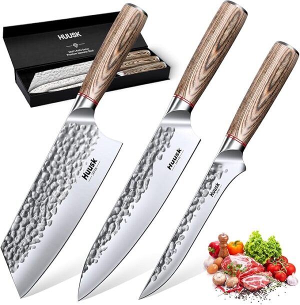 Huusk Japanese Kitchen Knife Set, 3-Piece Professional Chef Knives Set for Kitchen, Hand Forged Butcher Knife Set for Meat Cutting, Meat Cleaver Boning Knife with Pakkawood Handle, Gift for Men - Image 2